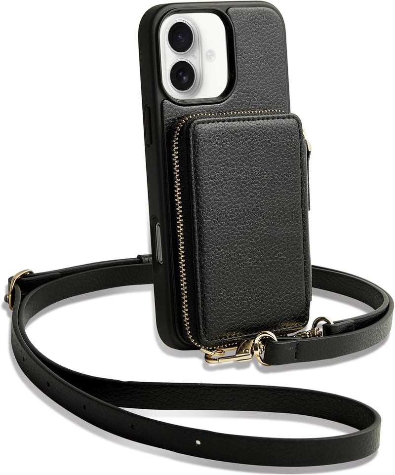 ZVE for iPhone 16 Case Wallet with Card Holder, RFID Blocking Zipper Phone Purse with Adjustable Crossbody Strap and Wrist Strap for iPhone 16 6.1", Black - Image 1